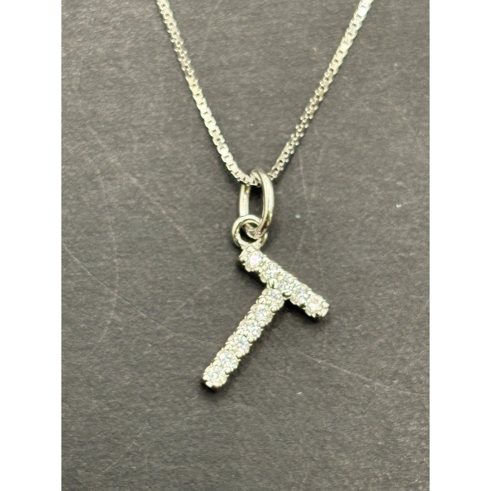New Condition 18" Sterling Silver Cubic Zirconia Initial "T" Pendant Necklace